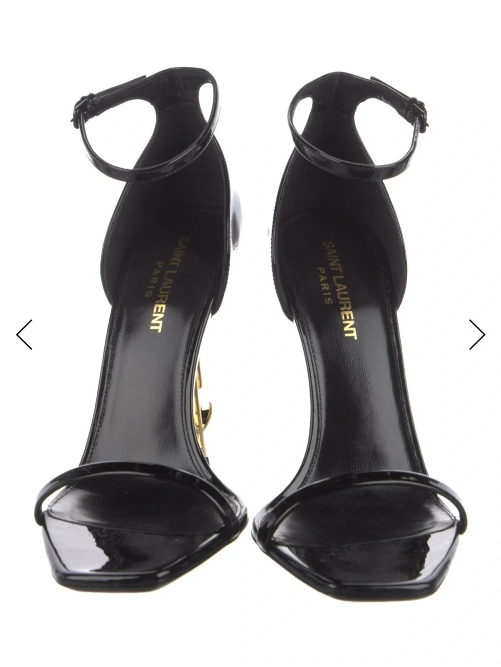 Saint Laurent Black Patent Leather Ankle-Strap Heels with Gold Logo Heel - Picture 6 of 7
